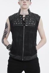 Gilet Punk Homme Sans Manches Noir en Métal avec Clous et Motif Saule